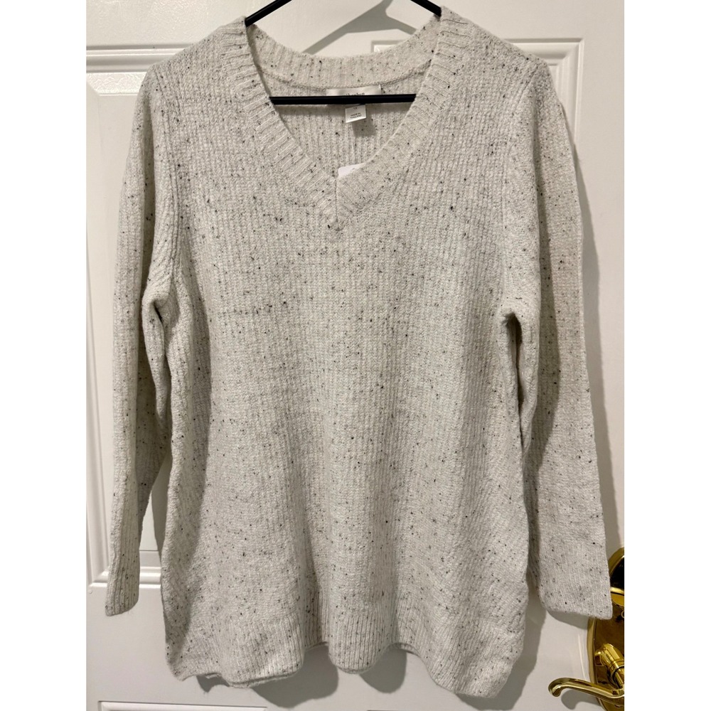 CJ Banks Sweater Womens 1X White Gray New V-Neck Ribbed